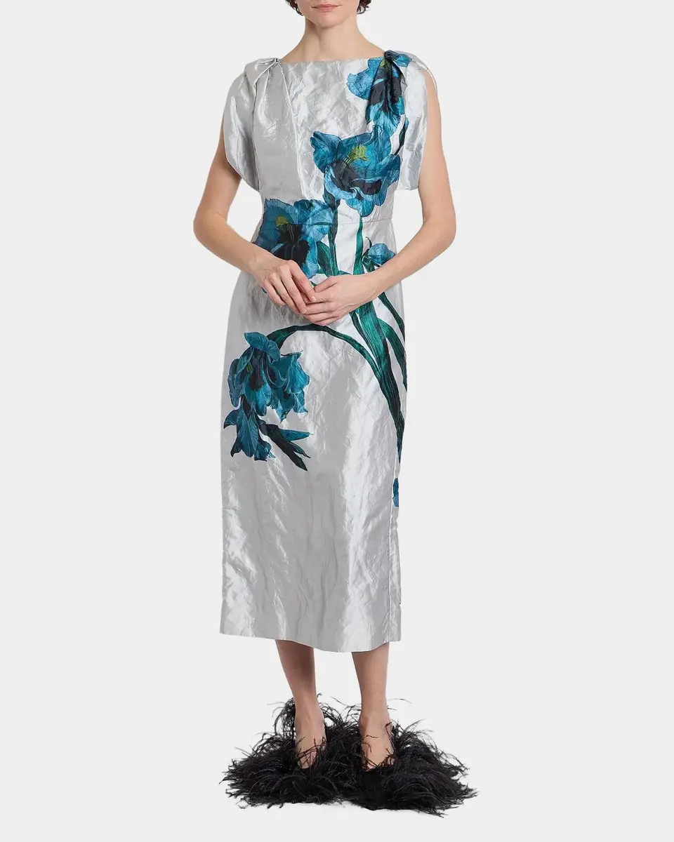 Erdem Floral Textured Satin Twisted-Shoulder Midi Dress | Thumbnail 2 Erdem Floral Textured Satin Twisted-Shoulder Midi Dress | Thumbnail 2