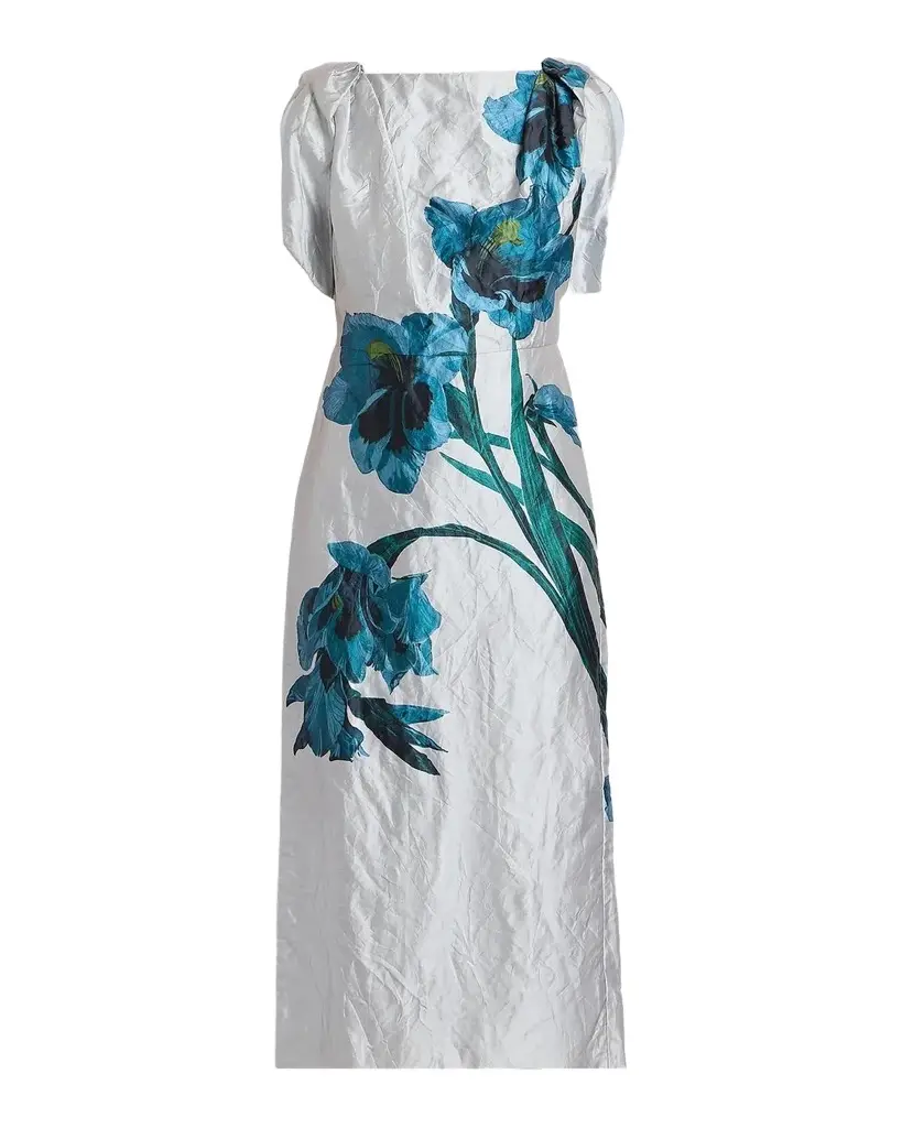 Erdem Floral Textured Satin Twisted-Shoulder Midi Dress | Image 1 Erdem Floral Textured Satin Twisted-Shoulder Midi Dress | Image 1