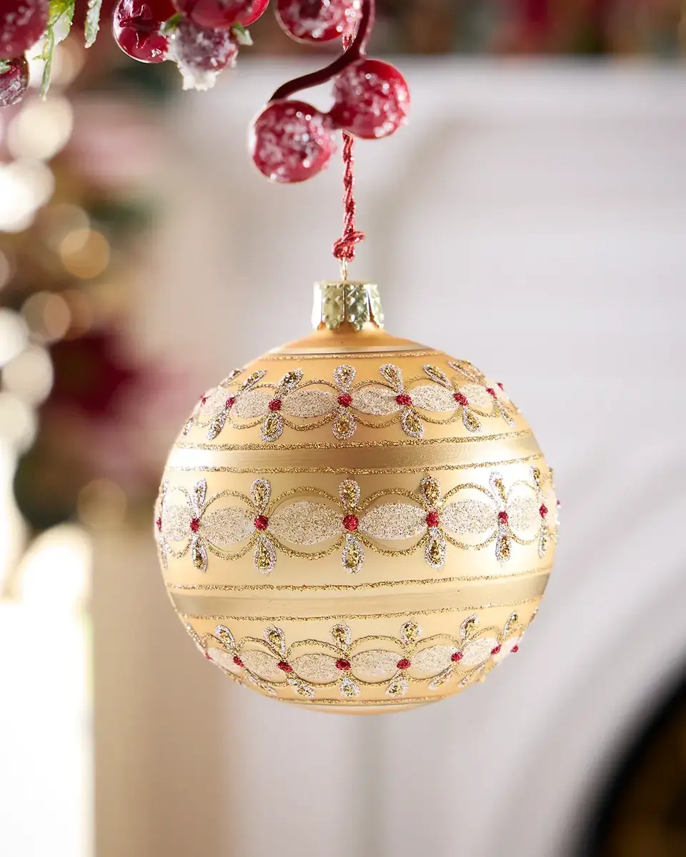 Exclusive Glitter-Embellished Matte Gold Ball Christmas Ornament | Image 1 Exclusive Glitter-Embellished Matte Gold Ball Christmas Ornament | Image 1