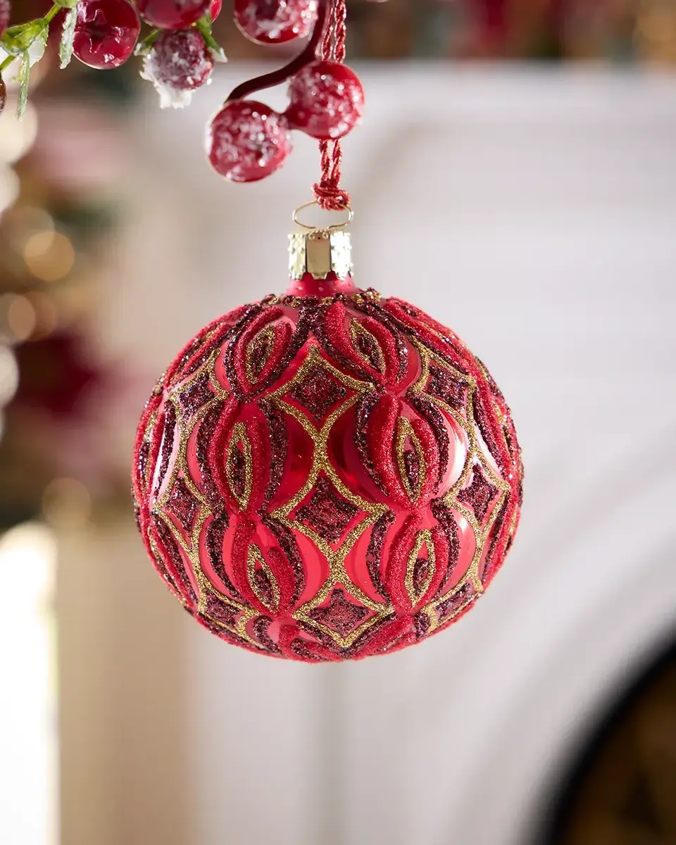 Exclusive Geometric Glitter on Matte Red Ball Christmas Ornament