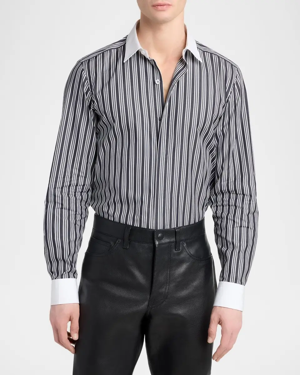Tom Ford Men's Cotton Multi-Stripe Contrast-Trim Sport Shirt | Thumbnail 4 Tom Ford Men's Cotton Multi-Stripe Contrast-Trim Sport Shirt | Thumbnail 4