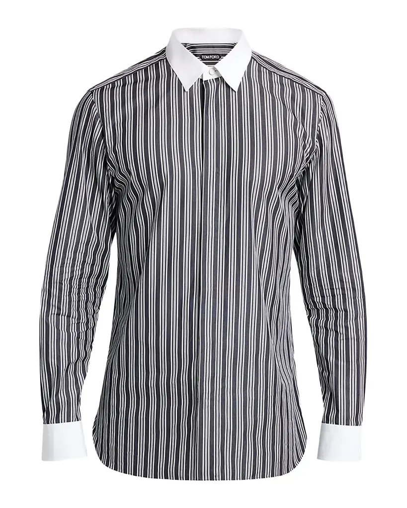 Tom Ford Men's Cotton Multi-Stripe Contrast-Trim Sport Shirt | Image 1 Tom Ford Men's Cotton Multi-Stripe Contrast-Trim Sport Shirt | Image 1