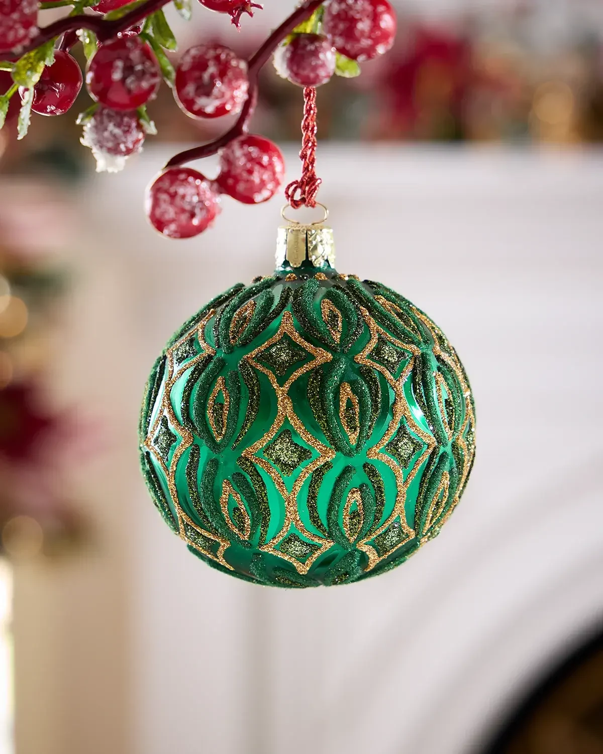 Exclusive Geometric Glitter on Matte Green Ball Christmas Ornament