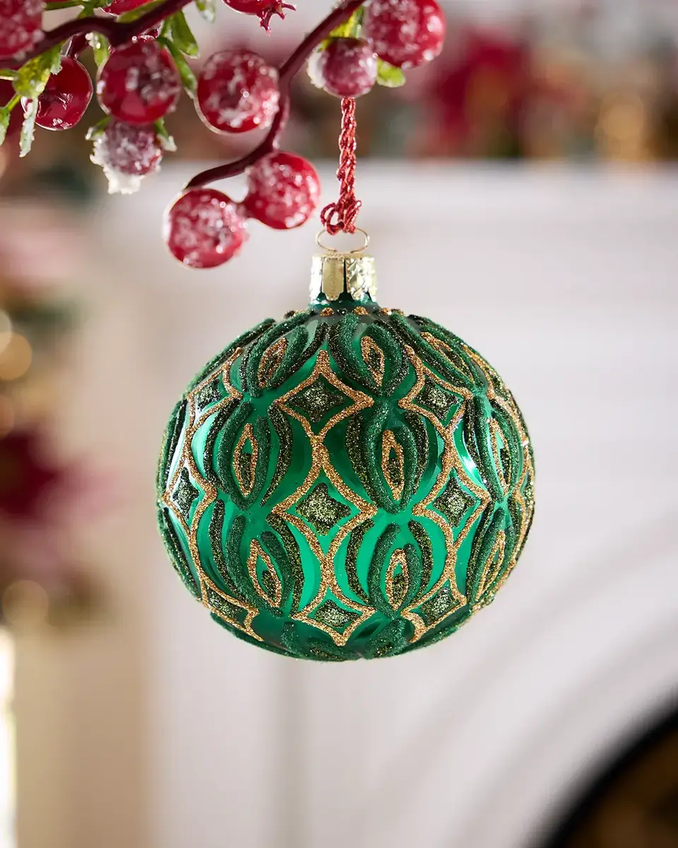 Exclusive Geometric Glitter on Matte Green Ball Christmas Ornament