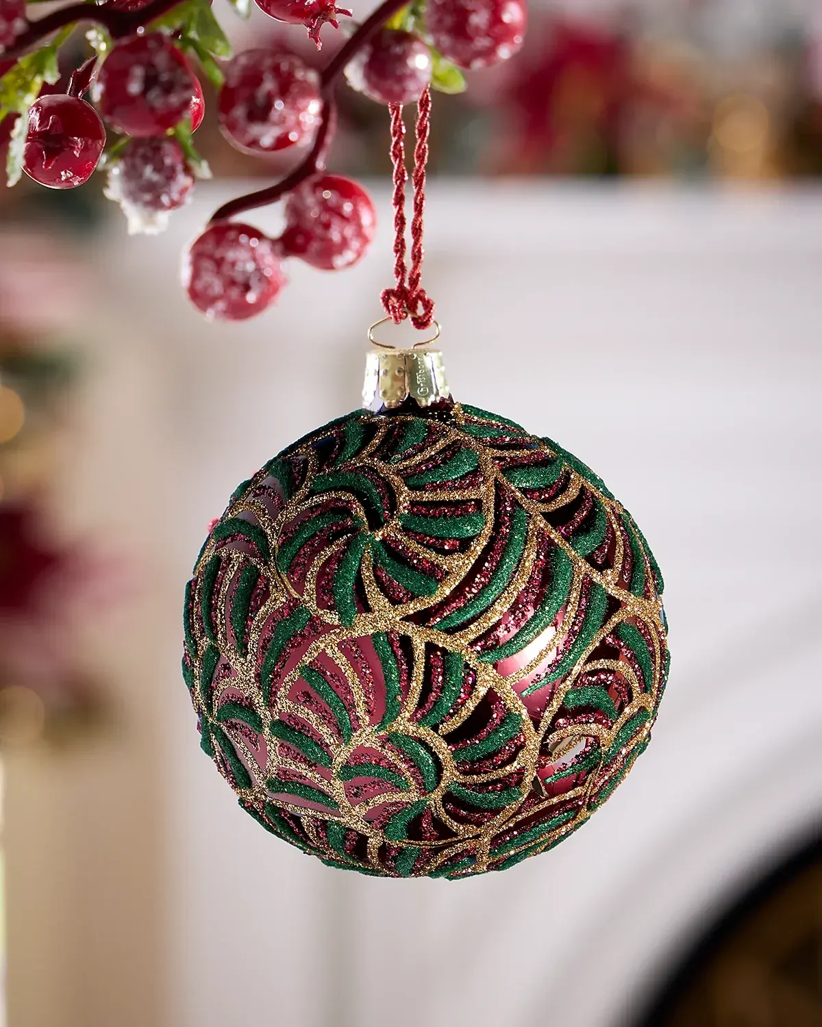 Exclusive Glitter Swirls on Shiny Dark Red Ball Christmas Ornament