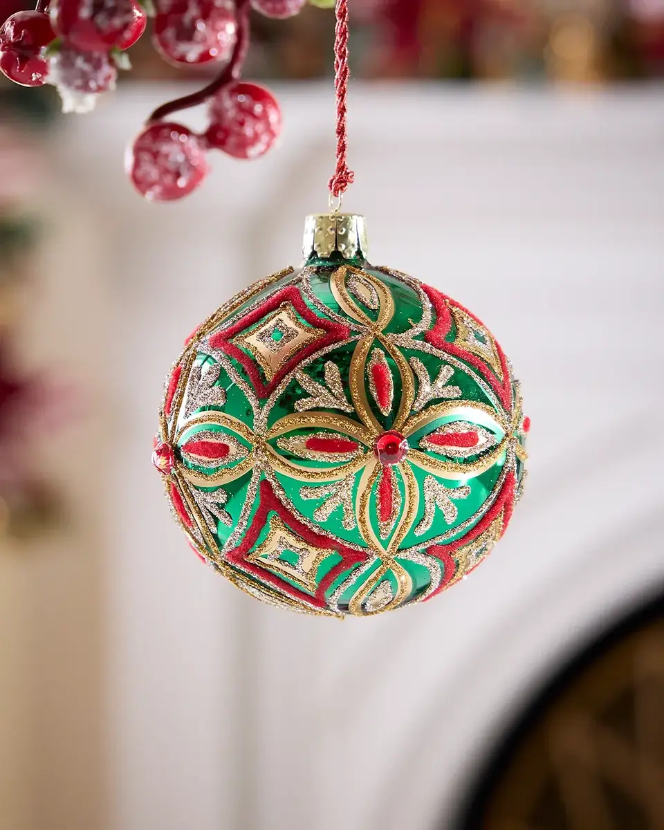 Exclusive Geometric Glitter on Shiny Green Ball Christmas Ornament