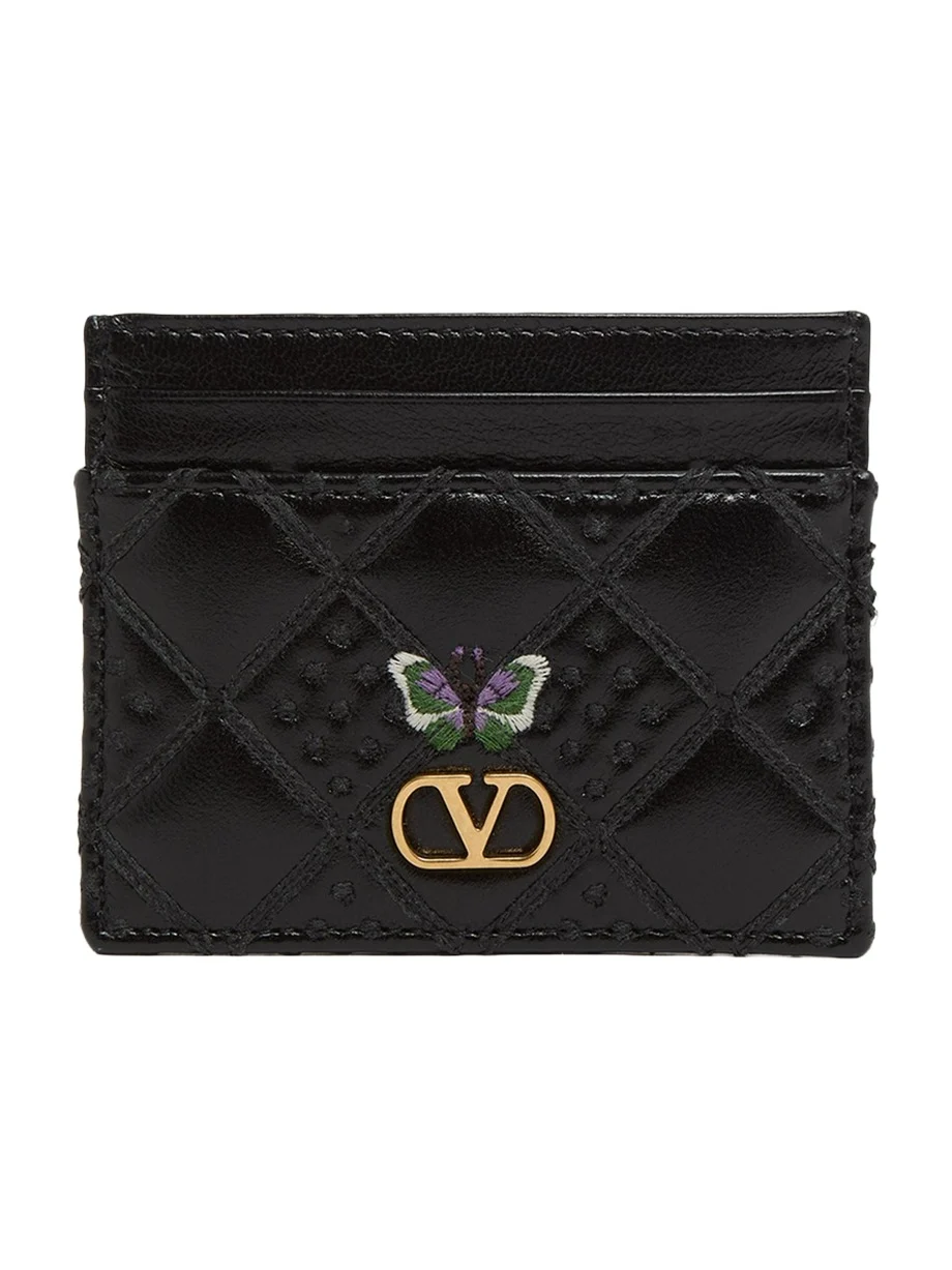 Valentino Garavani Butterfly-Embroidered Quilted Leather Card Holder