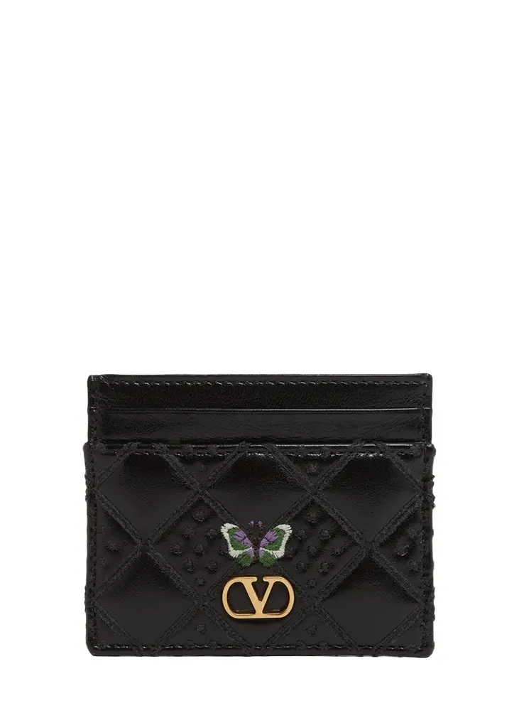 Valentino Garavani Butterfly-Embroidered Quilted Leather Card Holder | Image 1 Valentino Garavani Butterfly-Embroidered Quilted Leather Card Holder | Image 1