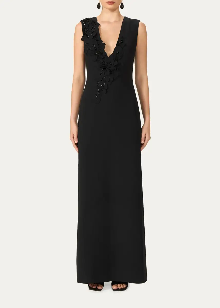 Costarellos Jevi Embellished V-Neck Crepe Sleeveless Column Gown | Thumbnail 2 Costarellos Jevi Embellished V-Neck Crepe Sleeveless Column Gown | Thumbnail 2