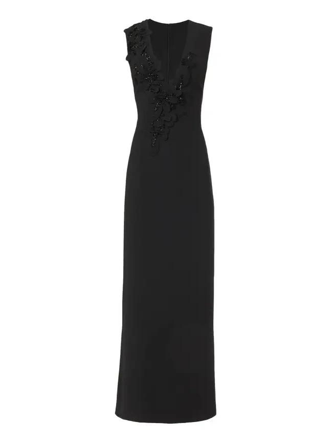 Costarellos Jevi Embellished V-Neck Crepe Sleeveless Column Gown