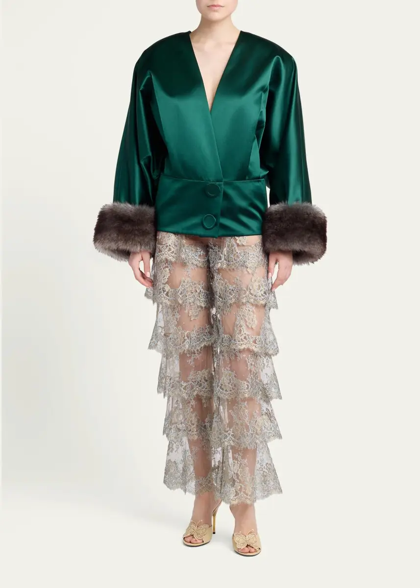 Valentino Garavani Metallic Lace Ruffle Straight-Leg Pants | Thumbnail 2 Valentino Garavani Metallic Lace Ruffle Straight-Leg Pants | Thumbnail 2