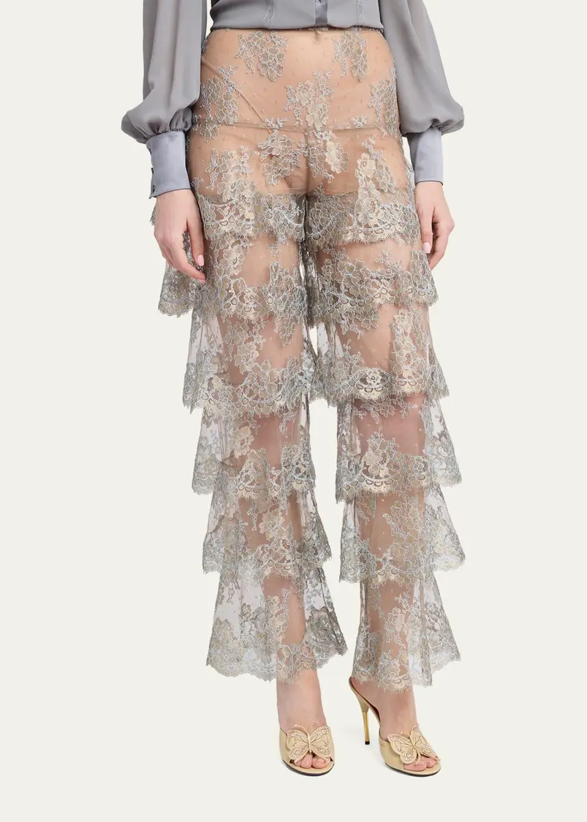 Valentino Garavani Metallic Lace Ruffle Straight-Leg Pants | Thumbnail 4 Valentino Garavani Metallic Lace Ruffle Straight-Leg Pants | Thumbnail 4
