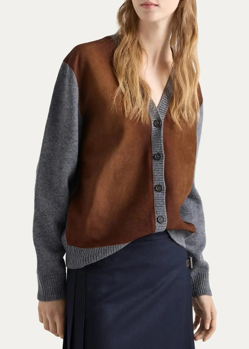 Prada Suede & Wool Knit V-Neck Cardigan | Thumbnail 4 Prada Suede & Wool Knit V-Neck Cardigan | Thumbnail 4