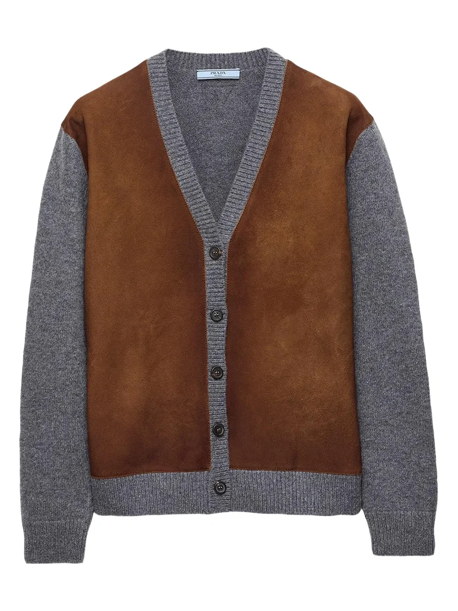 Prada Suede & Wool Knit V-Neck Cardigan