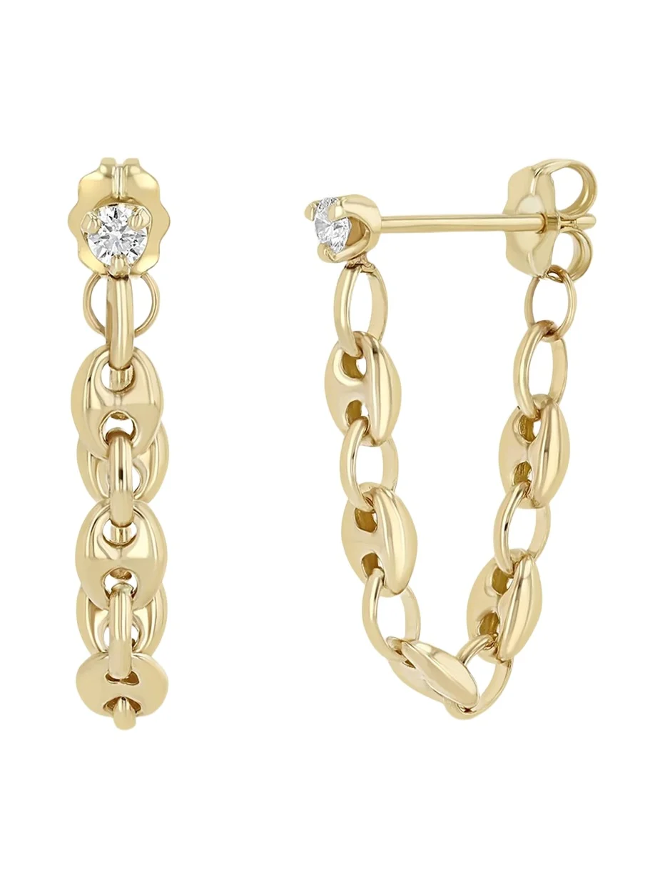 Zoë Chicco 14K Small Puffed Mariner Chain Diamond Earrings