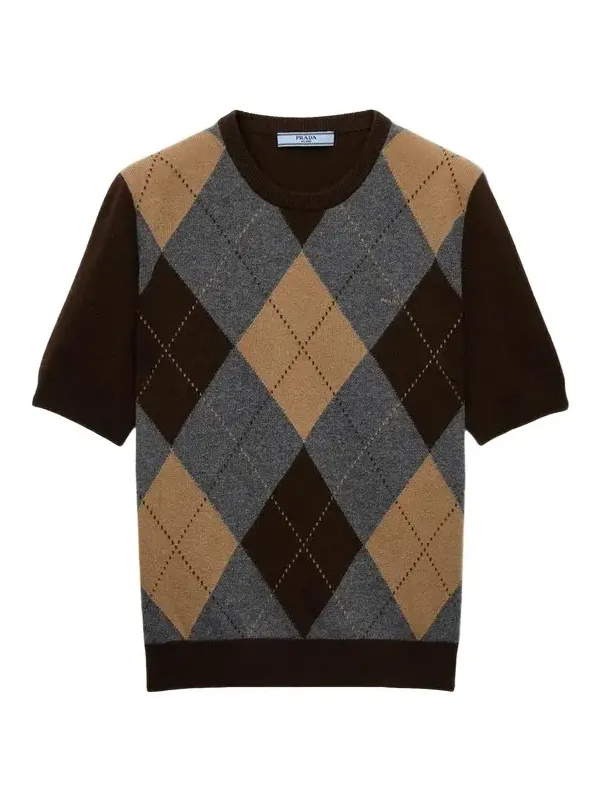 Argyle Cashmere Short-Sleeve Crewneck Sweater