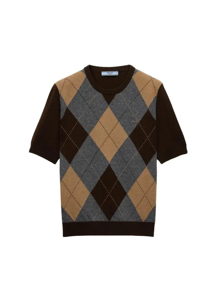 Prada Argyle Cashmere Short-Sleeve Crewneck Sweater | Image 1 Prada Argyle Cashmere Short-Sleeve Crewneck Sweater | Image 1