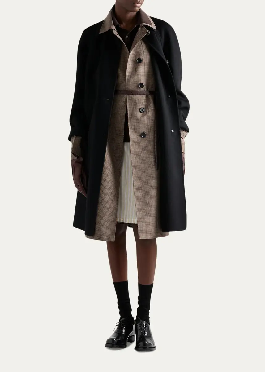 Prada Plaid Wool-Leather Belted Coat | Thumbnail 2 Prada Plaid Wool-Leather Belted Coat | Thumbnail 2