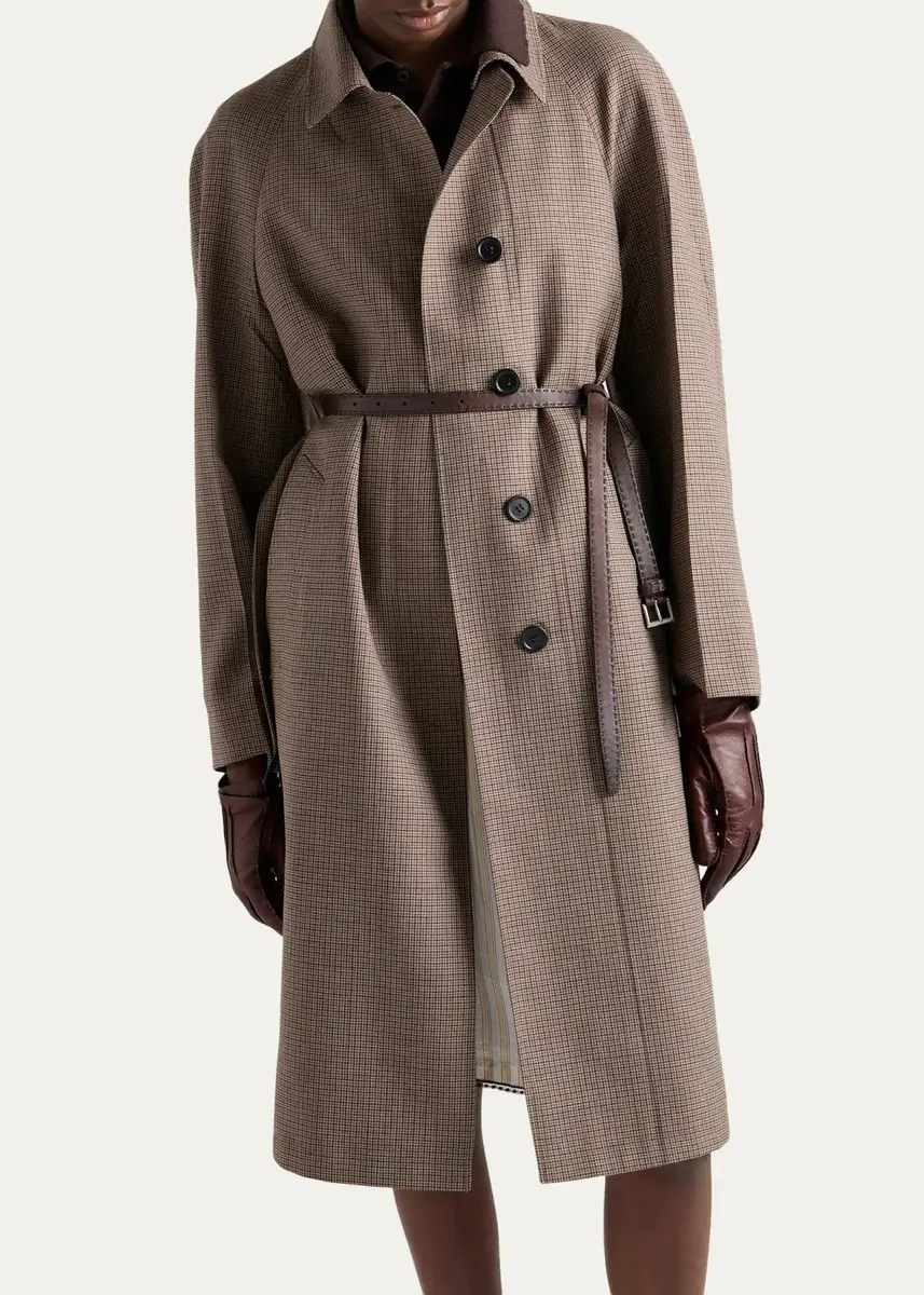 Prada Plaid Wool-Leather Belted Coat | Thumbnail 4 Prada Plaid Wool-Leather Belted Coat | Thumbnail 4