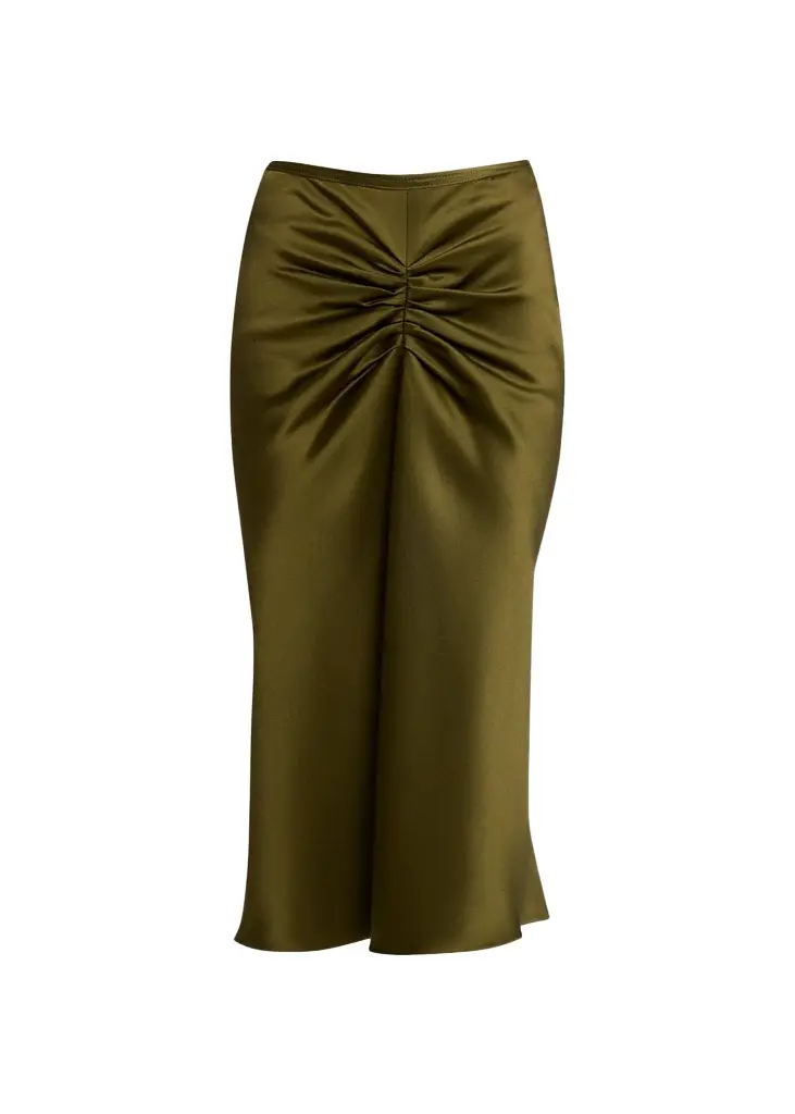 Victoria Beckham Bela Gathered Waist Satin Midi Skirt | Image 1 Victoria Beckham Bela Gathered Waist Satin Midi Skirt | Image 1