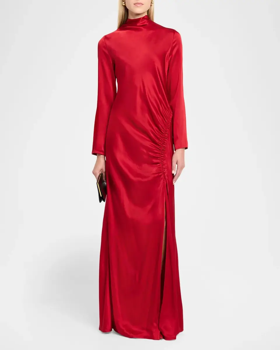 Lapointe Long-Sleeve Double-Face Satin Ruched Tab Gown | Thumbnail 2