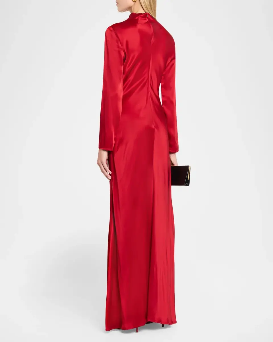 Lapointe Long-Sleeve Double-Face Satin Ruched Tab Gown | Thumbnail 3