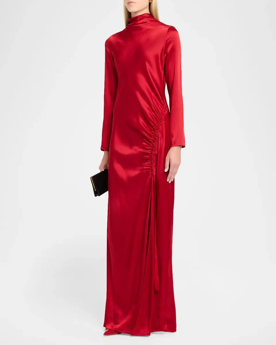 Lapointe Long-Sleeve Double-Face Satin Ruched Tab Gown | Thumbnail 4