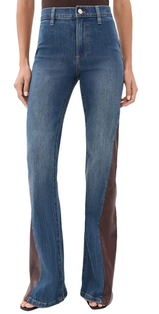 Alice + Olivia Faux Leather Godet Flare Jeans Georgetta Vintage Blue/Dk Choc | Image 1 Alice + Olivia Faux Leather Godet Flare Jeans Georgetta Vintage Blue/Dk Choc | Image 1