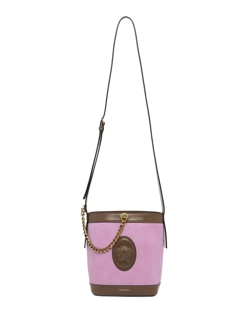 Versace Pivot Mini Suede Bucket Bag | Image 1 Versace Pivot Mini Suede Bucket Bag | Image 1