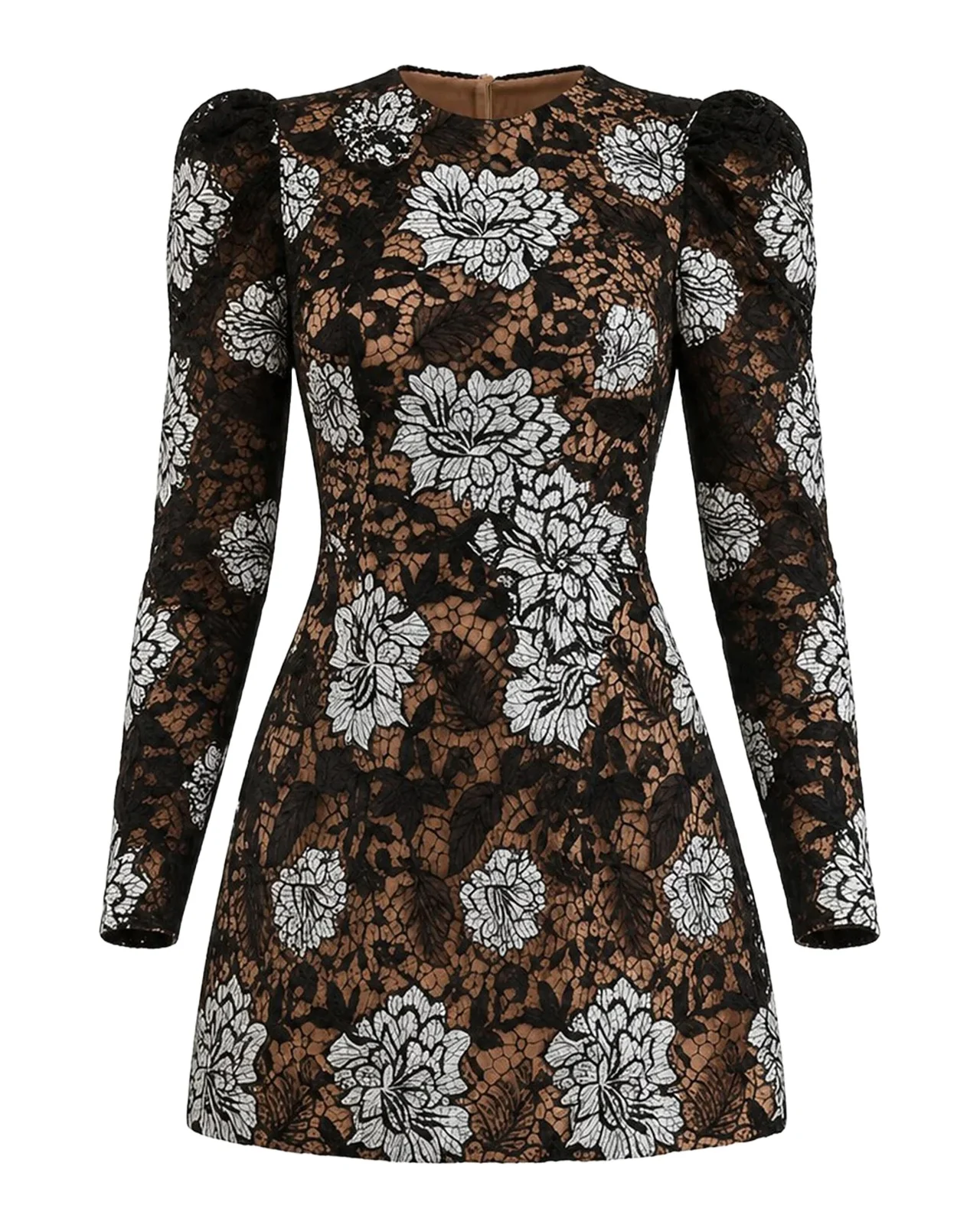 Ines Puff-Sleeve Floral Lace Mini Dress
