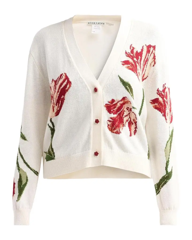 Alice + Olivia Bradley Floral Intarsia-Knit Short Cardigan | Image 1 Alice + Olivia Bradley Floral Intarsia-Knit Short Cardigan | Image 1