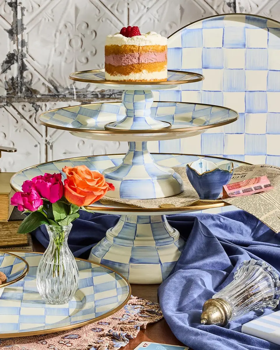 MacKenzie-Childs Sky Check Large Hand-Painted Enamel Pedestal Platter | Thumbnail 3 MacKenzie-Childs Sky Check Large Hand-Painted Enamel Pedestal Platter | Thumbnail 3