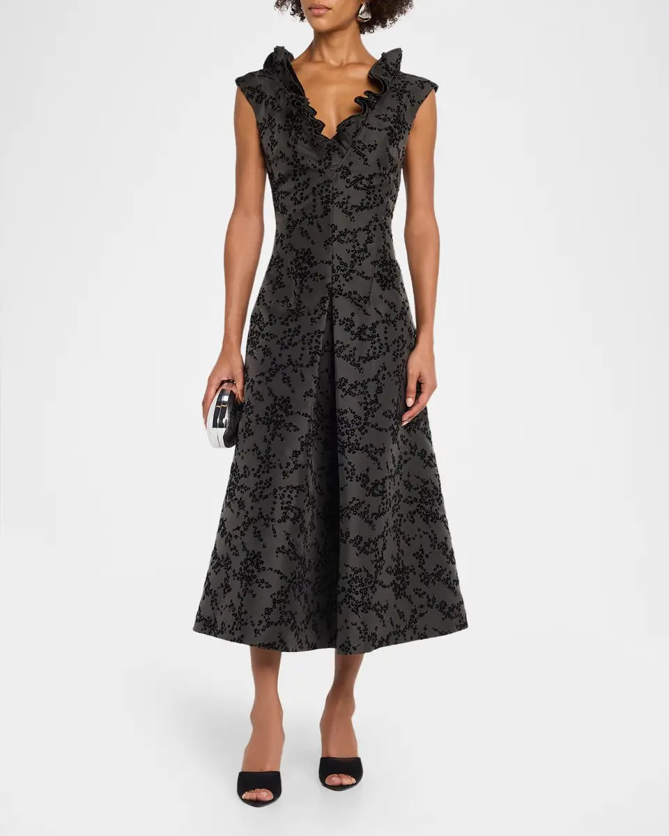 Alberta Ferretti Ruffle V-Neck Floral Flocked Mikado Midi Dress | Thumbnail 2