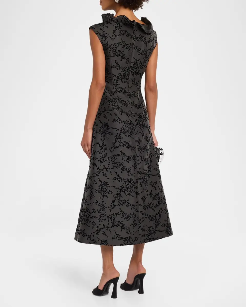 Alberta Ferretti Ruffle V-Neck Floral Flocked Mikado Midi Dress | Thumbnail 3