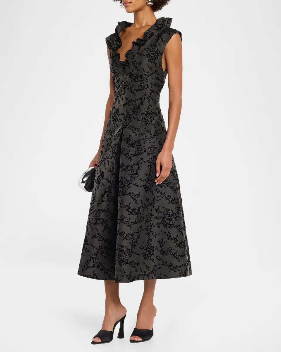 Alberta Ferretti Ruffle V-Neck Floral Flocked Mikado Midi Dress | Thumbnail 4
