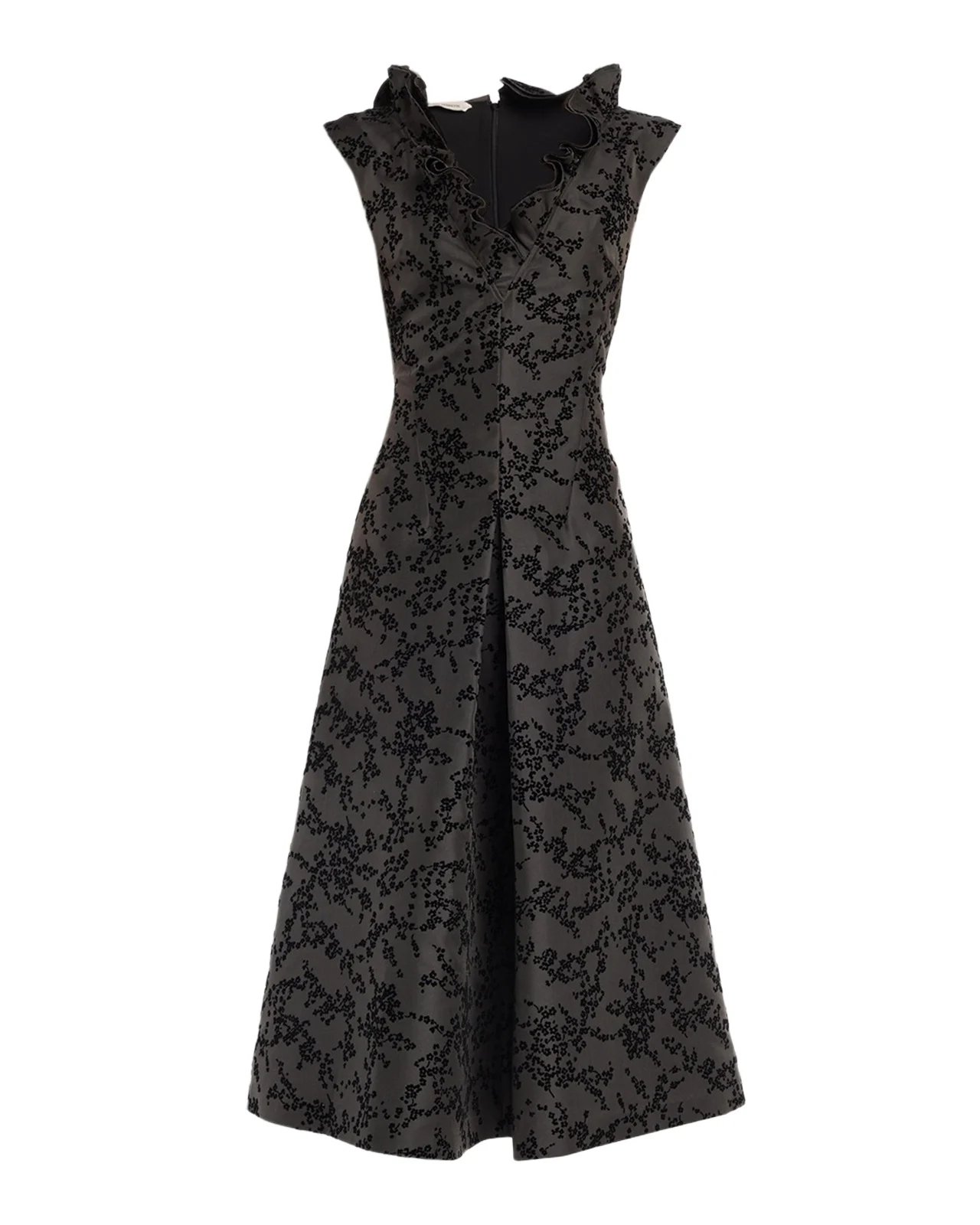 Alberta Ferretti Ruffle V-Neck Floral Flocked Mikado Midi Dress