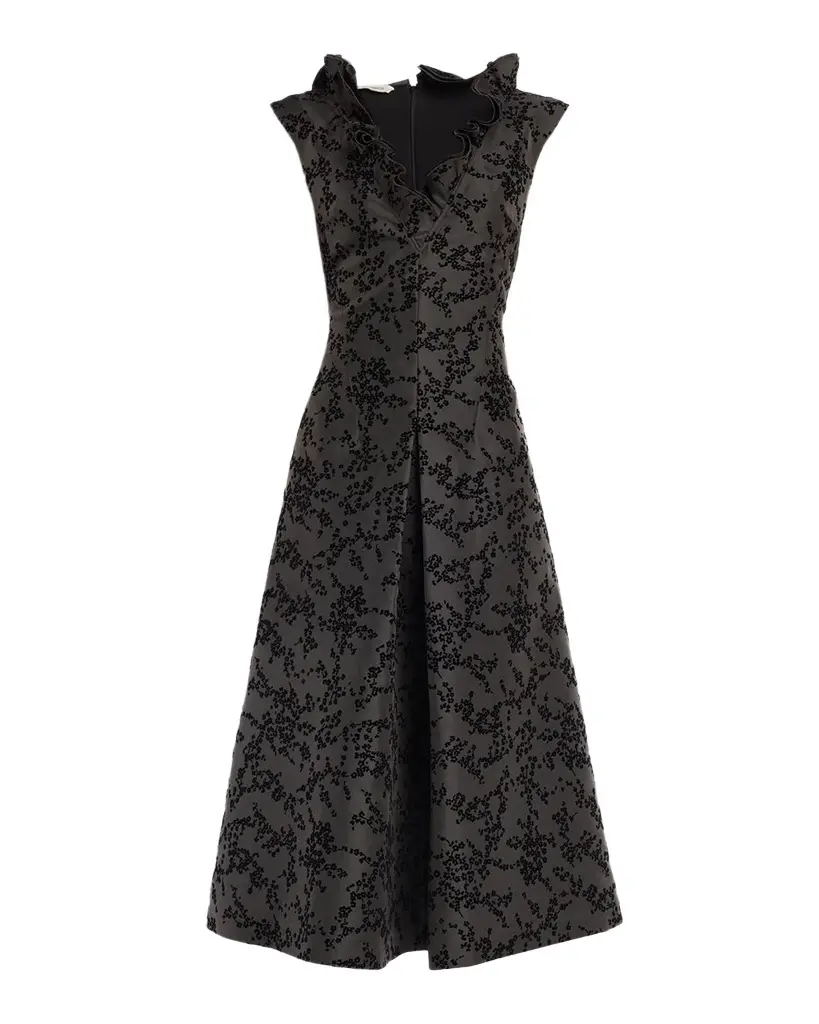 Alberta Ferretti Ruffle V-Neck Floral Flocked Mikado Midi Dress | Image 1 Alberta Ferretti Ruffle V-Neck Floral Flocked Mikado Midi Dress | Image 1