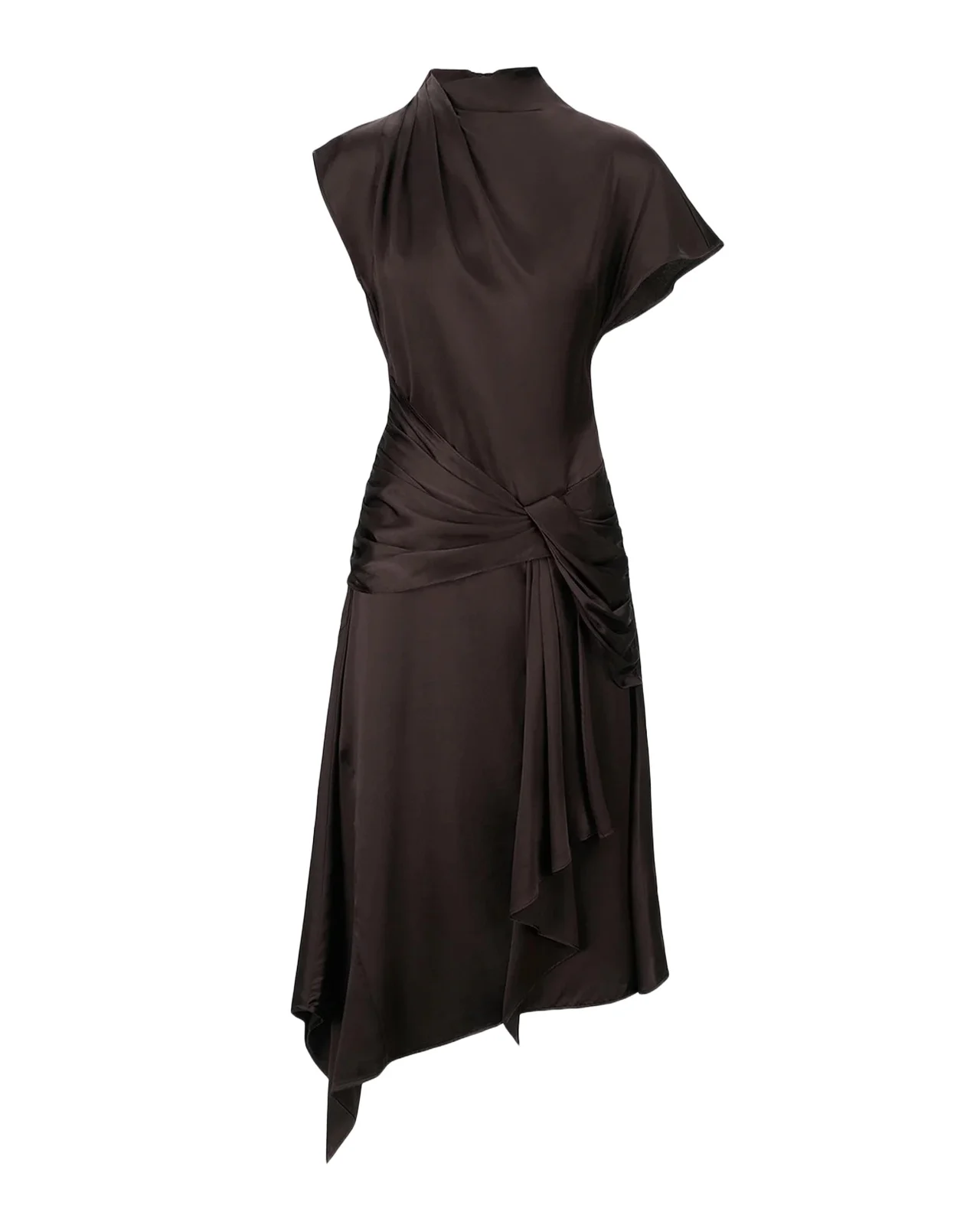 Staud Davina Front-Knot Asymmetric Satin Midi Dress