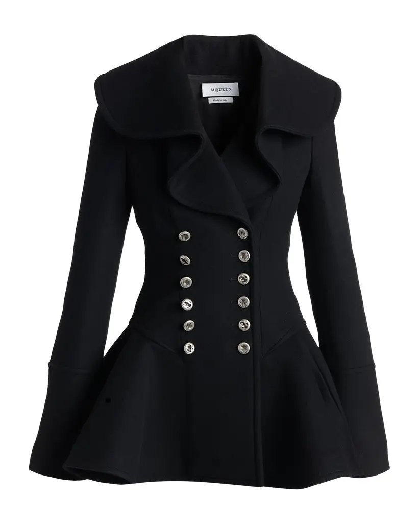 Alexander McQueen Ruffle Wool Fitted Double-Breasted Coat