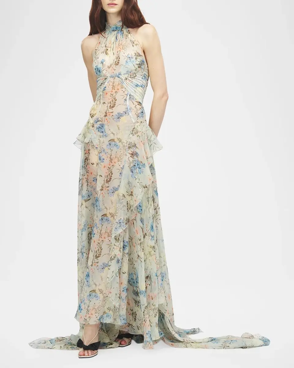 Alexander McQueen Pleated Floral Silk Georgette Halter Evening Dress | Thumbnail 2 Alexander McQueen Pleated Floral Silk Georgette Halter Evening Dress | Thumbnail 2