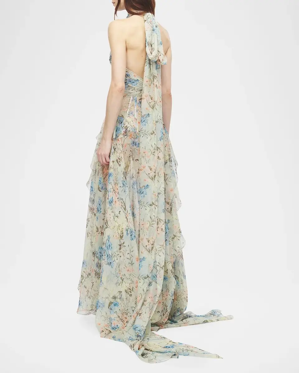 Alexander McQueen Pleated Floral Silk Georgette Halter Evening Dress | Thumbnail 3 Alexander McQueen Pleated Floral Silk Georgette Halter Evening Dress | Thumbnail 3