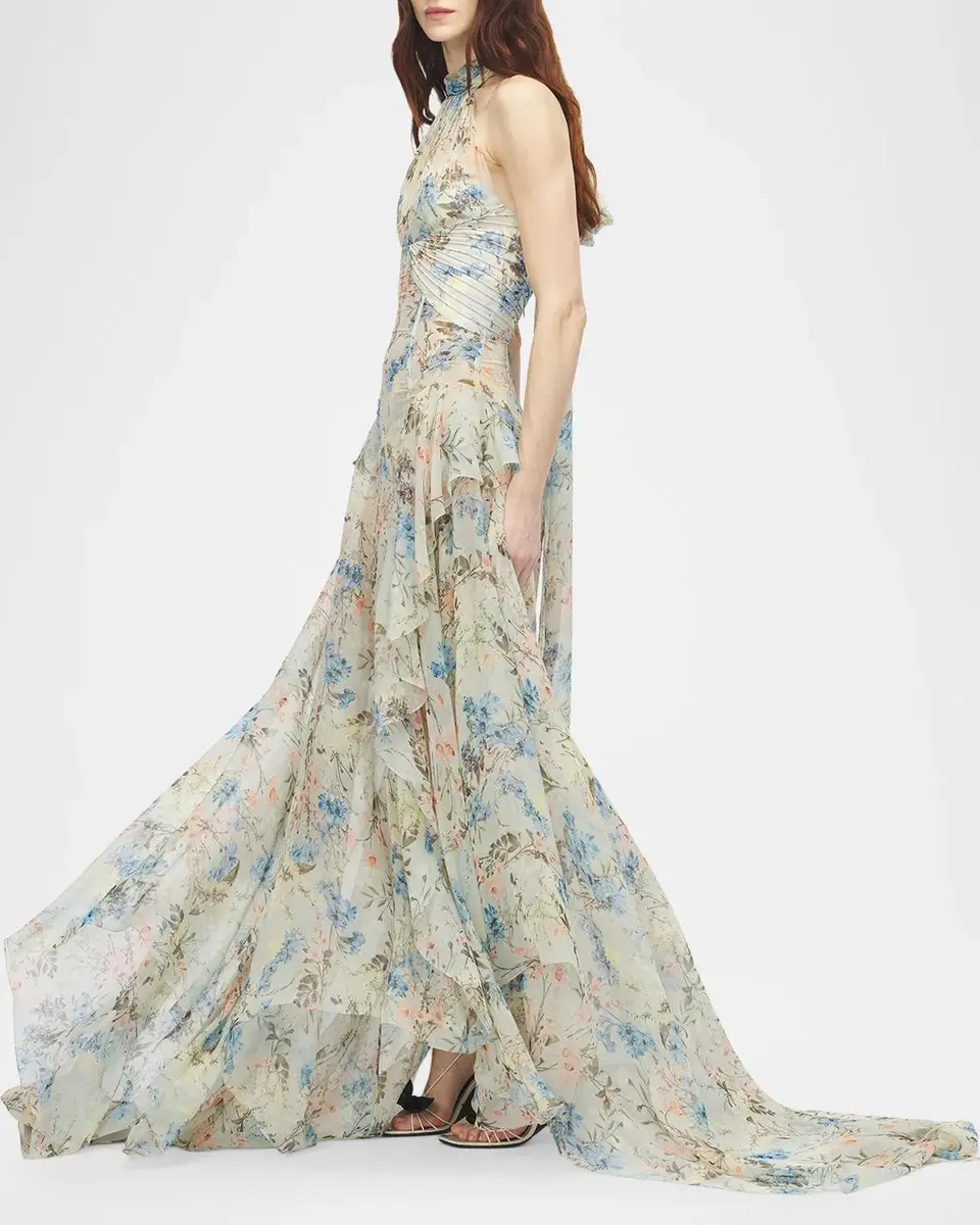 Alexander McQueen Pleated Floral Silk Georgette Halter Evening Dress | Thumbnail 4 Alexander McQueen Pleated Floral Silk Georgette Halter Evening Dress | Thumbnail 4