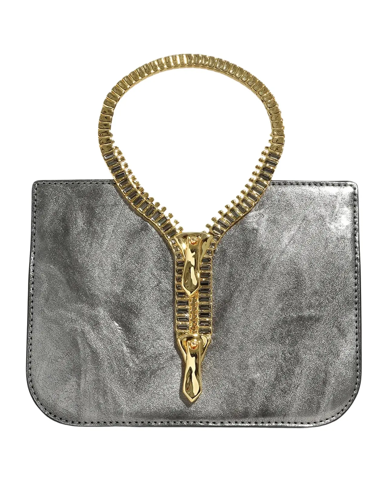 Sculptural Zipper Metallic Leather Top-Handle Bag