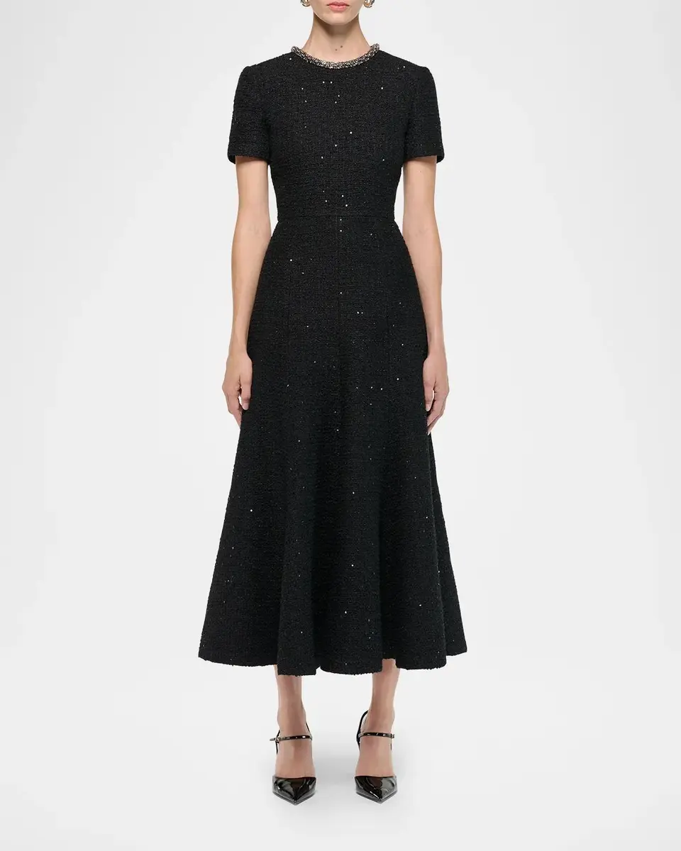 Roland Mouret Embellished-Neckline Sequin Tweed Short-Sleeve Midi Dress | Thumbnail 2 Roland Mouret Embellished-Neckline Sequin Tweed Short-Sleeve Midi Dress | Thumbnail 2