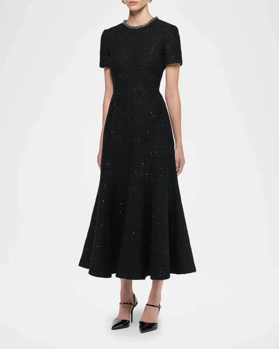 Roland Mouret Embellished-Neckline Sequin Tweed Short-Sleeve Midi Dress | Thumbnail 4 Roland Mouret Embellished-Neckline Sequin Tweed Short-Sleeve Midi Dress | Thumbnail 4