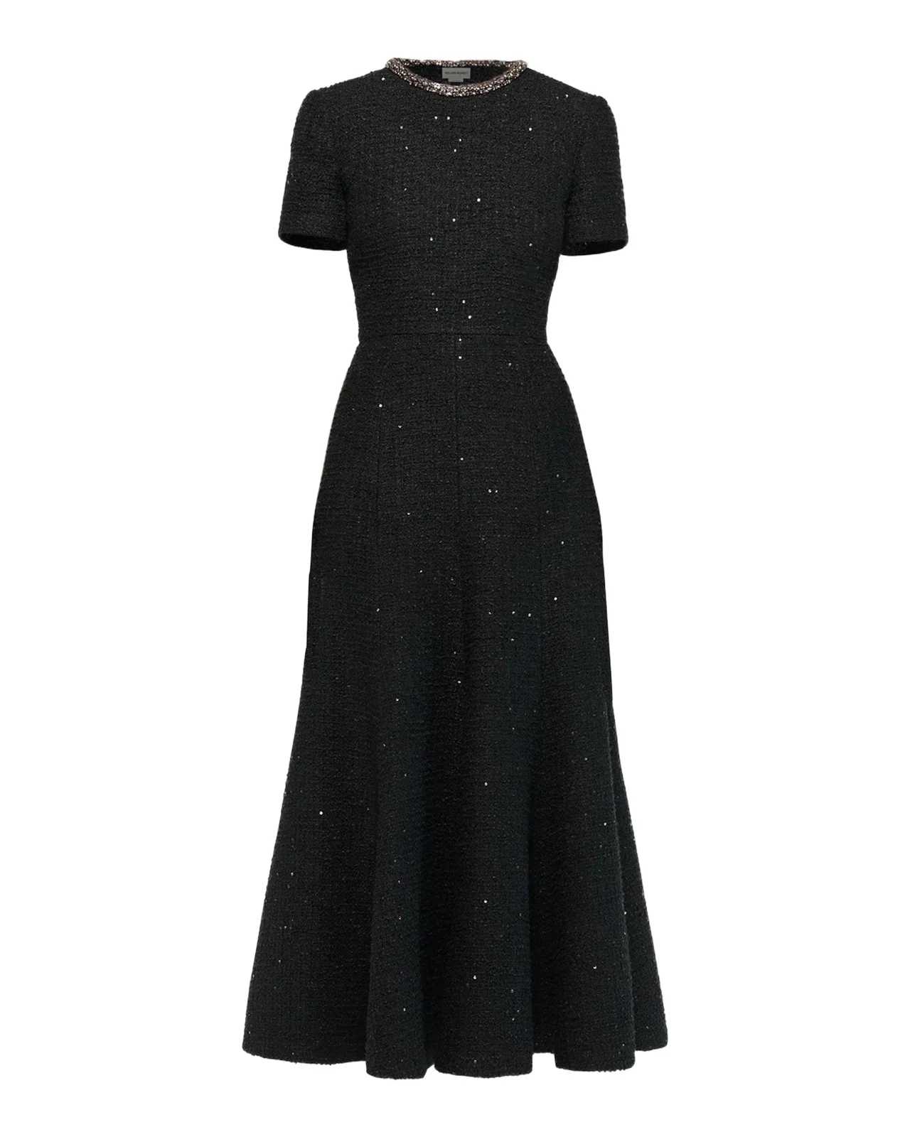 Roland Mouret Embellished-Neckline Sequin Tweed Short-Sleeve Midi Dress