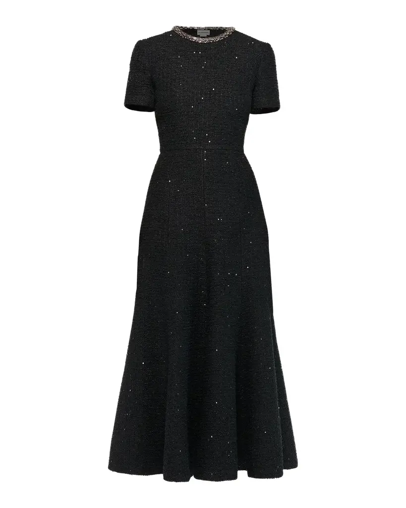 Roland Mouret Embellished-Neckline Sequin Tweed Short-Sleeve Midi Dress | Image 1 Roland Mouret Embellished-Neckline Sequin Tweed Short-Sleeve Midi Dress | Image 1