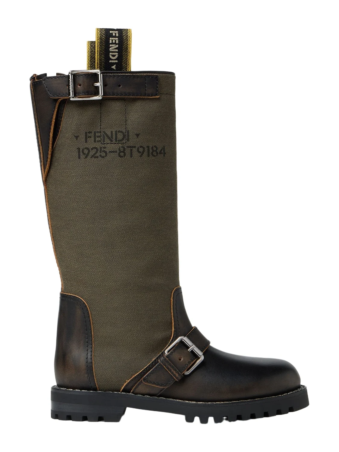 Fendi Commando Leather and Gray-Green Fabric Boots