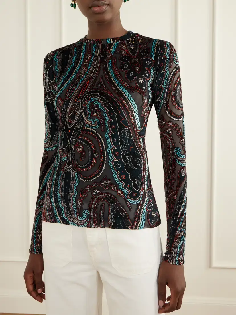 Etro Printed Velvet-trimmed Mesh Blouse | Thumbnail 3