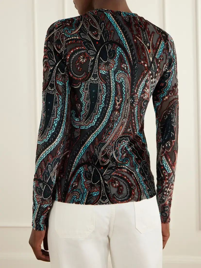 Etro Printed Velvet-trimmed Mesh Blouse | Thumbnail 4